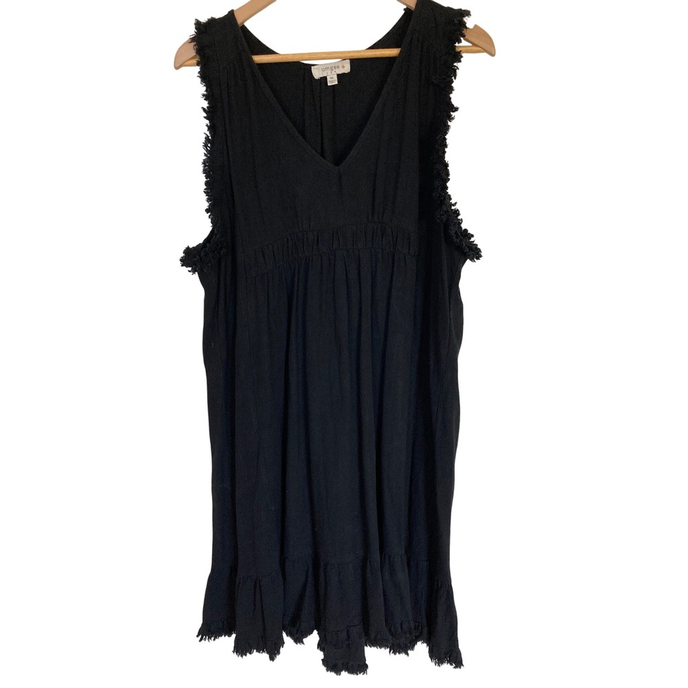 Umgee USA Womens 1XL Black Linen Cotton Tiered V-Neck Frayed Mini Dress WC1761